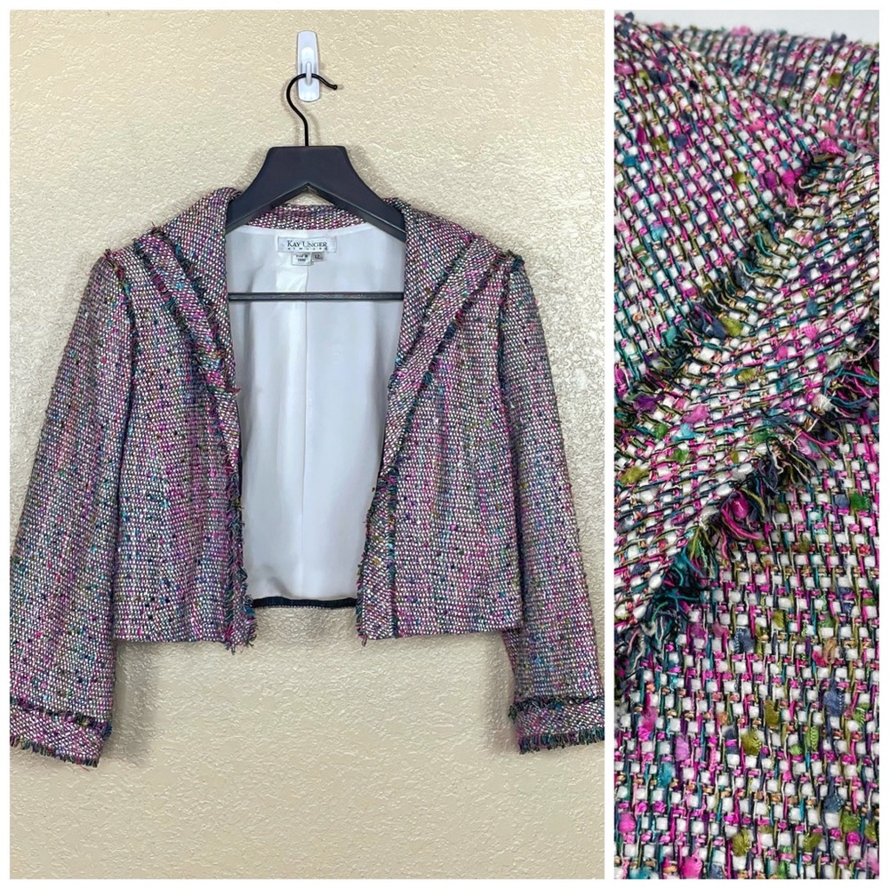 Kay Unger Open Front Fringed Tweed Blazer Jacket